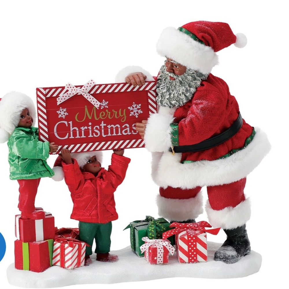 Brand New! Department 56 Black Santa and Kids with Merry Christmas Sign.
